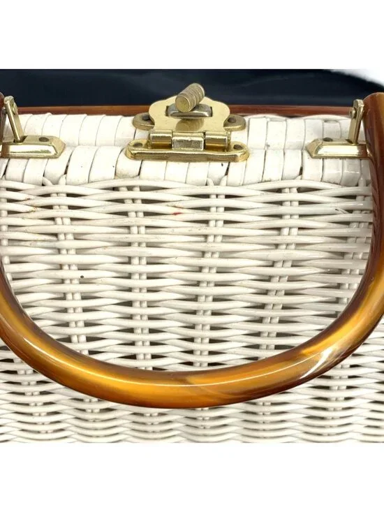 Vintage Purse Nylon Wicker Woven Lucite Handbag British Hong Kong 9" Wide - Picture 6 of 11